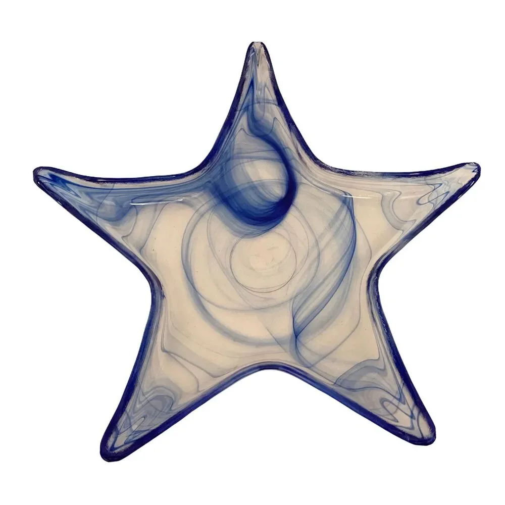 Unique Blue Clear Swirl Murano Type Glass Starfish Curved Glass Plate Bowl Dish